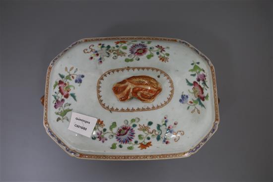 A Chinese export famille rose double peacock soup tureen and cover, Qianlong period, W. 34.5cm
